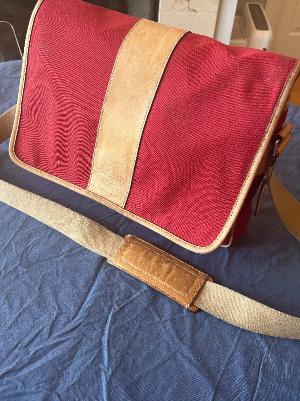 Coach Transatlantic Messenger and Commuter Bag- red canvas with tan leather